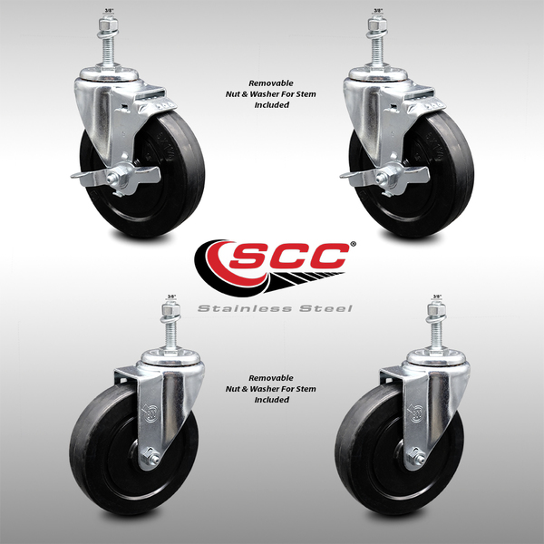 Service Caster 5 Inch SS Soft Rubber Wheel Swivel 3/8 Inch Threaded Stem Caster Brake SCC, 2PK SCC-SSTS20S514-SRS-381615-2-TLB-2